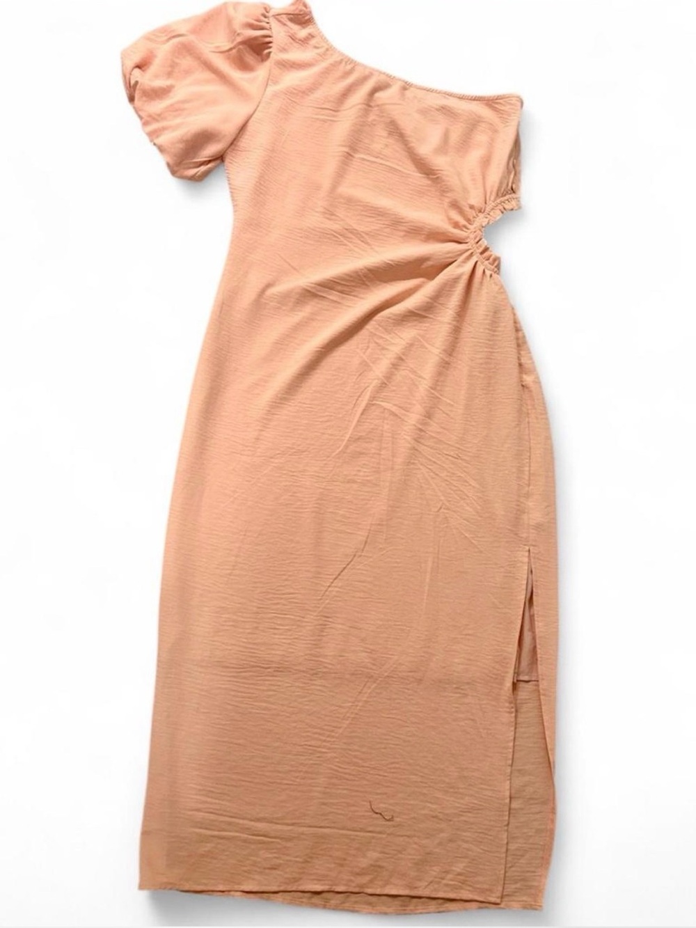 Asymmetric One-Shoulder Peach Midi Dress with Puff Sleeve